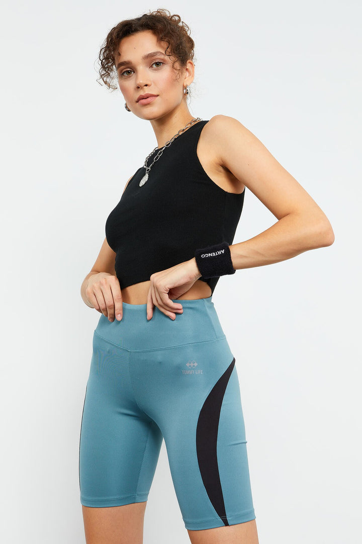 TMY Mint Green High Waisted Stripe Detailed Stretch Women's Biker Leggings - 91009 - Romny