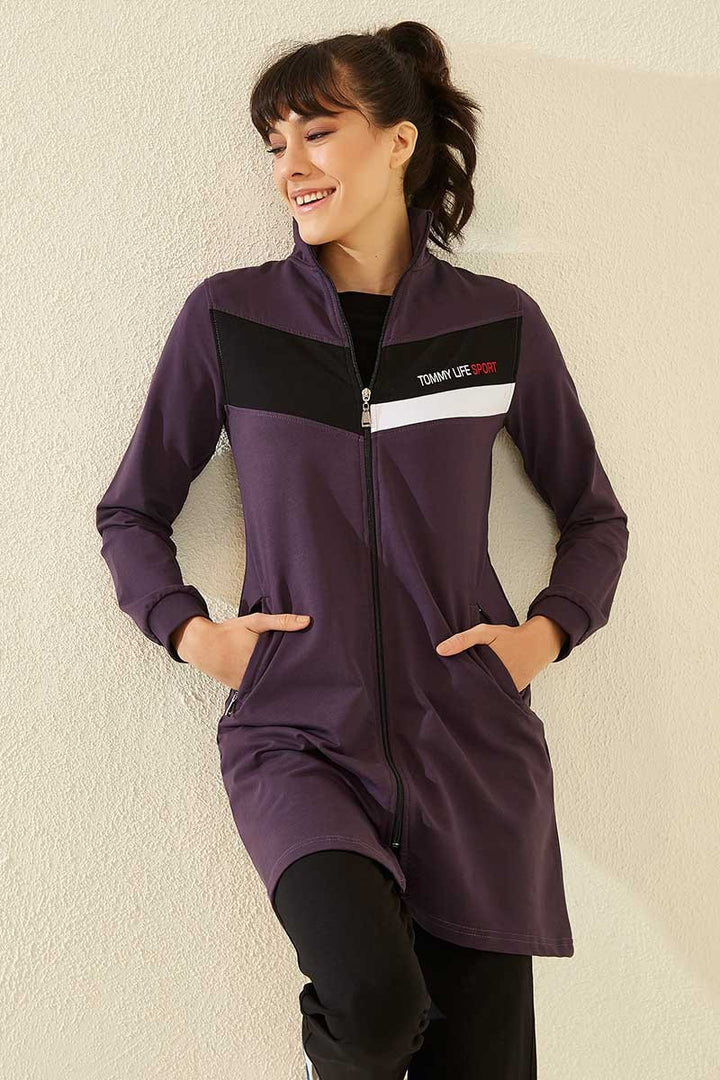 TMY Purple - Black High Neck Zippered Pocketed Standard Fit Classic Leg Women's Sweatshirt Tunic Set - 95206 - Mons
