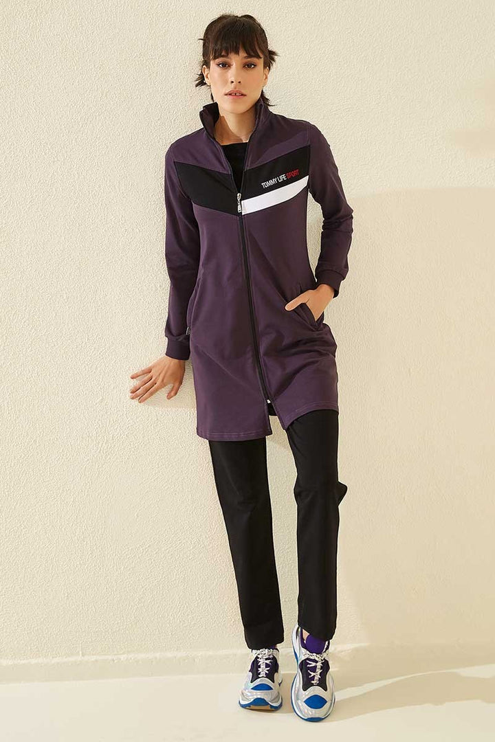 TMY Purple - Black High Neck Zippered Pocketed Standard Fit Classic Leg Women's Sweatshirt Tunic Set - 95206 - Mons