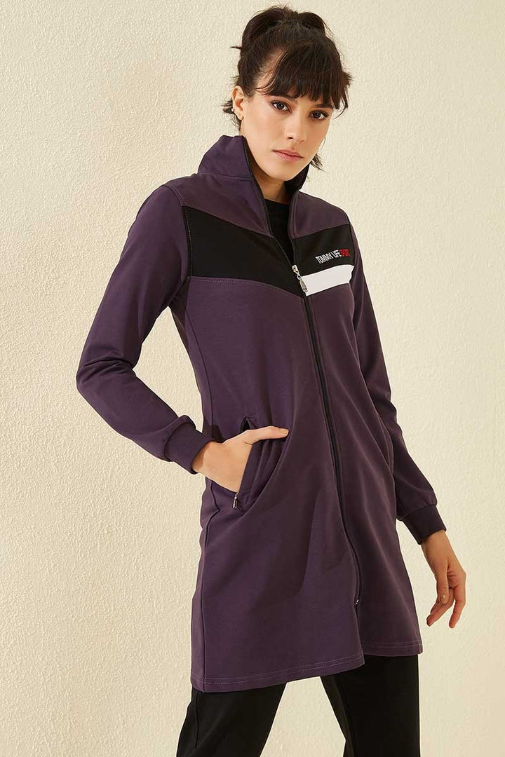 TMY Purple - Black High Neck Zippered Pocketed Standard Fit Classic Leg Women's Sweatshirt Tunic Set - 95206 - Mons