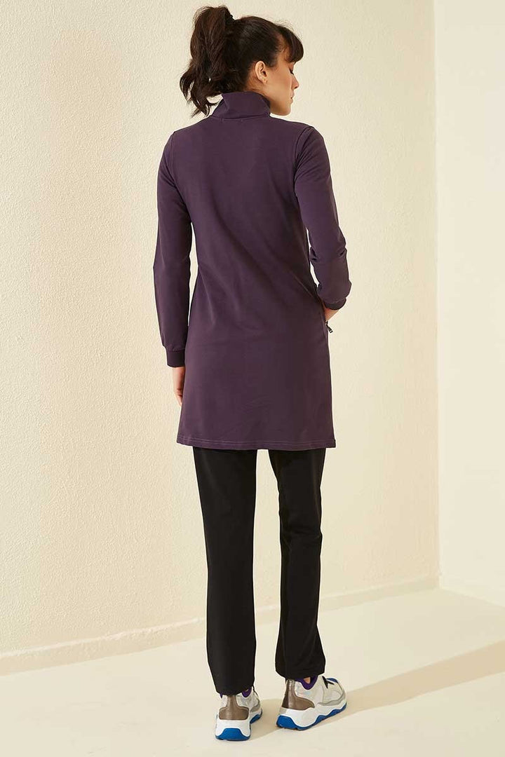 TMY Purple - Black High Neck Zippered Pocketed Standard Fit Classic Leg Women's Sweatshirt Tunic Set - 95206 - Mons