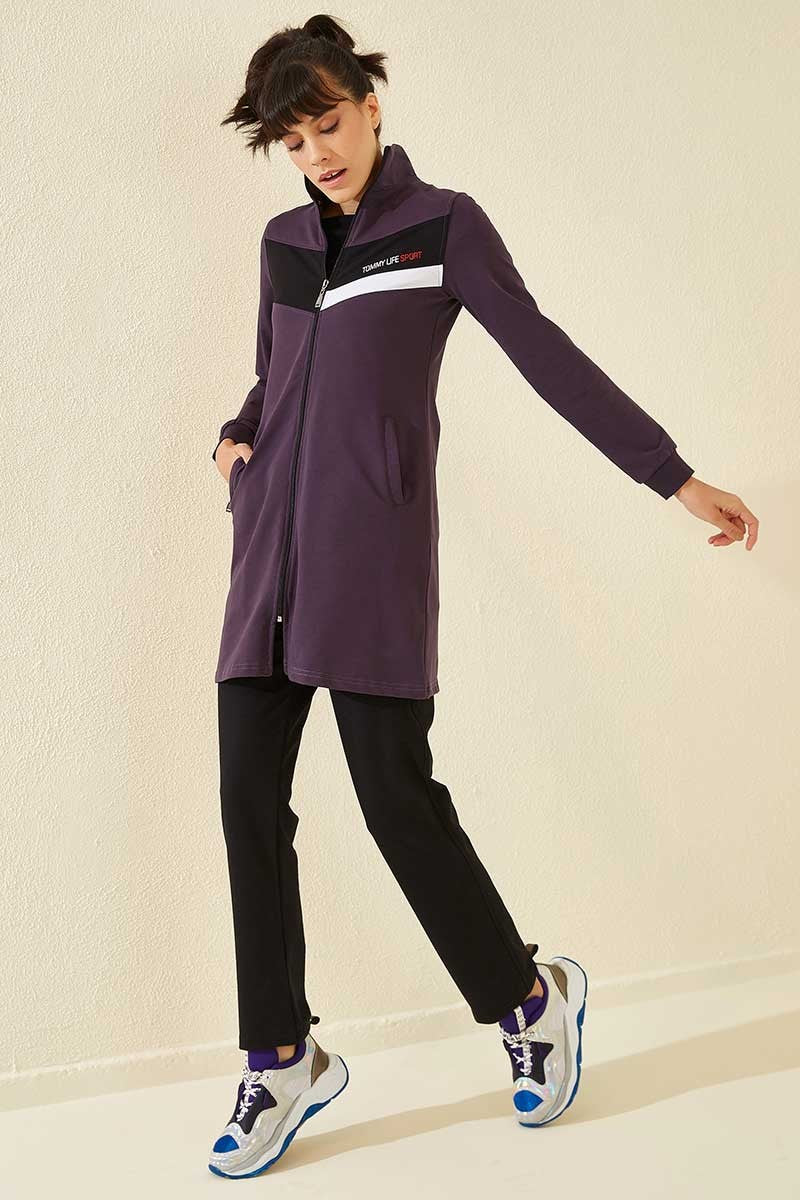 TMY Purple - Black High Neck Zippered Pocketed Standard Fit Classic Leg Women's Sweatshirt Tunic Set - 95206 - Mons