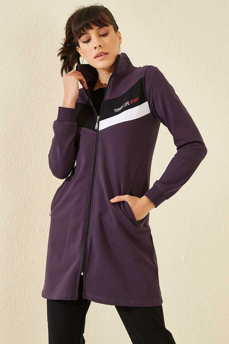 TMY Purple - Black High Neck Zippered Pocketed Standard Fit Classic Leg Women's Sweatshirt Tunic Set - 95206 - Mons