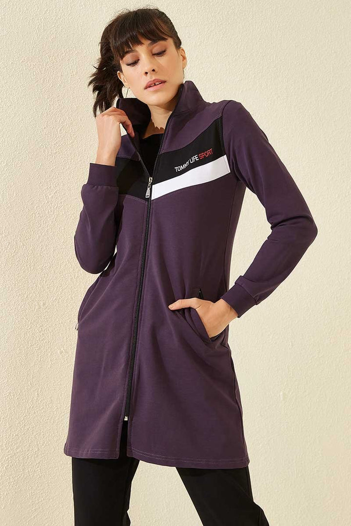 TMY Purple - Black High Neck Zippered Pocketed Standard Fit Classic Leg Women's Sweatshirt Tunic Set - 95206 - Mons