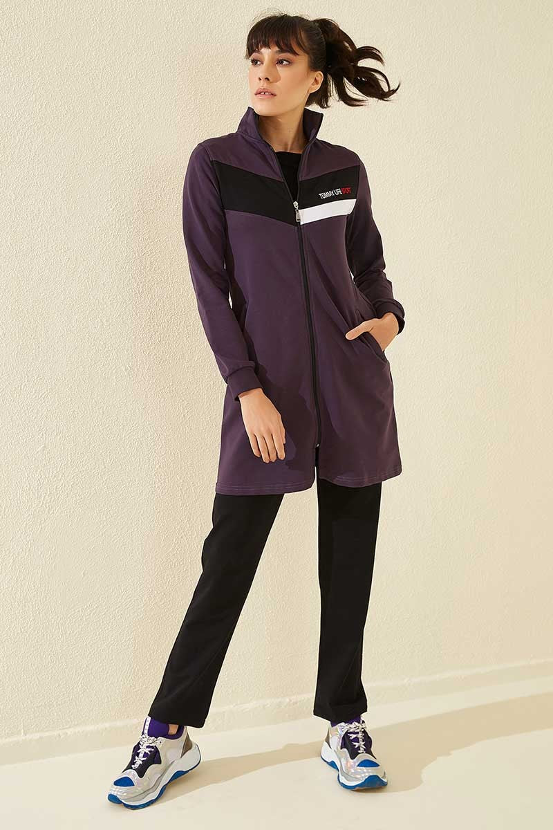 TMY Purple - Black High Neck Zippered Pocketed Standard Fit Classic Leg Women's Sweatshirt Tunic Set - 95206 - Mons