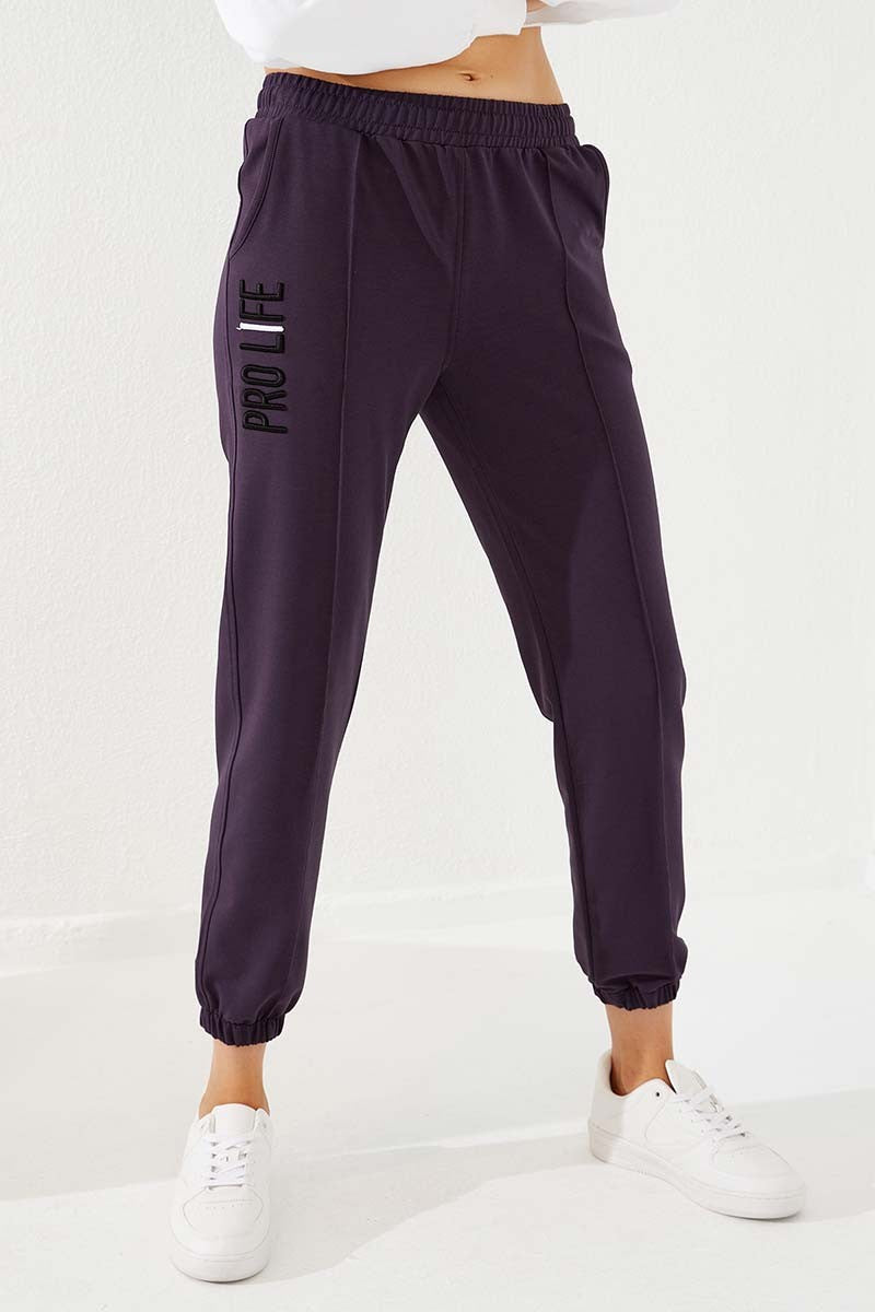 TMY Purple Text Embroidered Comfort Fit Elastic Cuff Women's Sweatpants - 94571 - Ameca