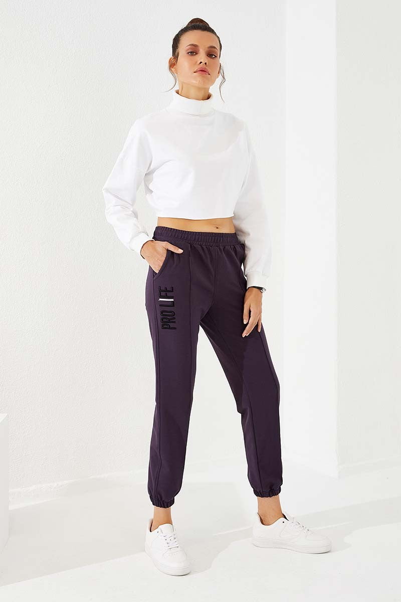 TMY Purple Text Embroidered Comfort Fit Elastic Cuff Women's Sweatpants - 94571 - Ameca