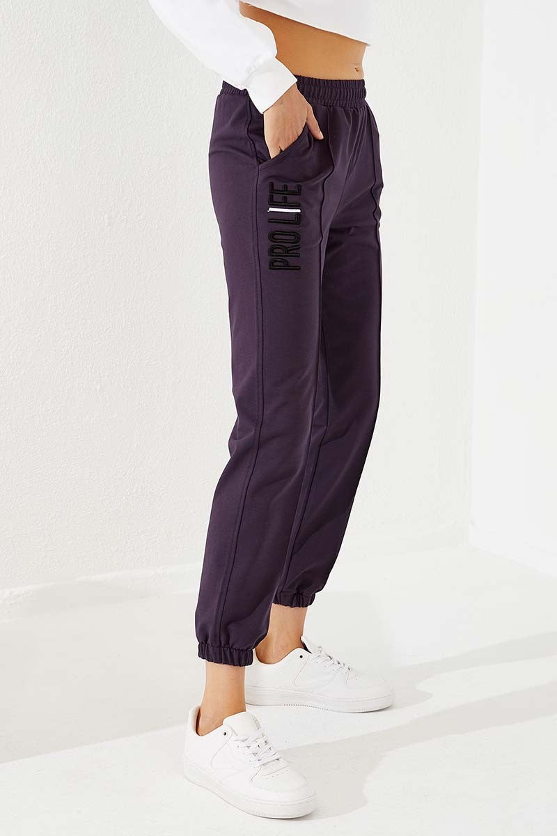 TMY Purple Text Embroidered Comfort Fit Elastic Cuff Women's Sweatpants - 94571 - Ameca