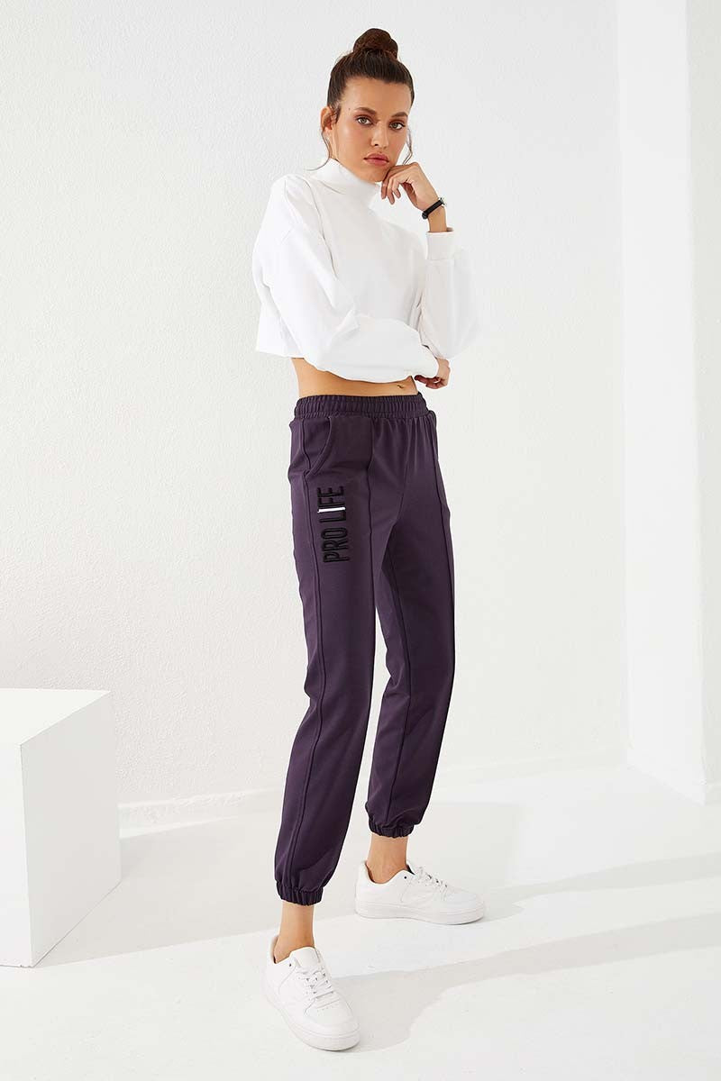 TMY Purple Text Embroidered Comfort Fit Elastic Cuff Women's Sweatpants - 94571 - Ameca