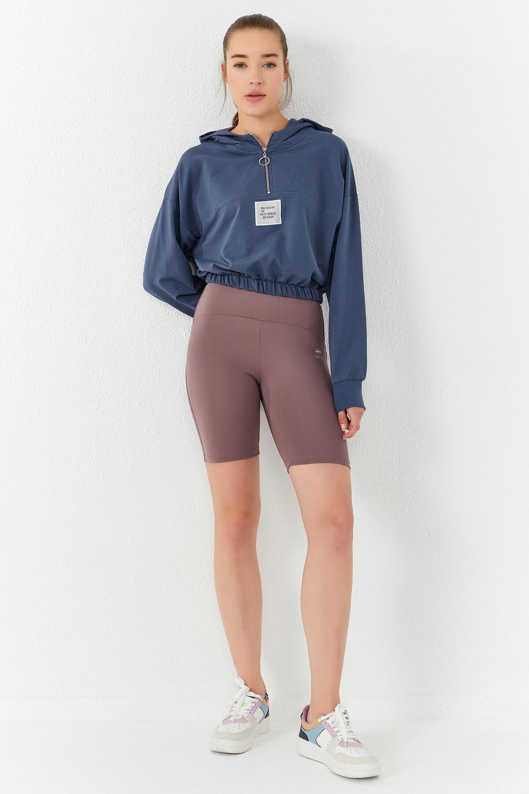 TMY Petrol Blue Ruched Hooded Half Zip Comfort Fit Women's Crop Top Sweatshirt - 97155 - Woodbury