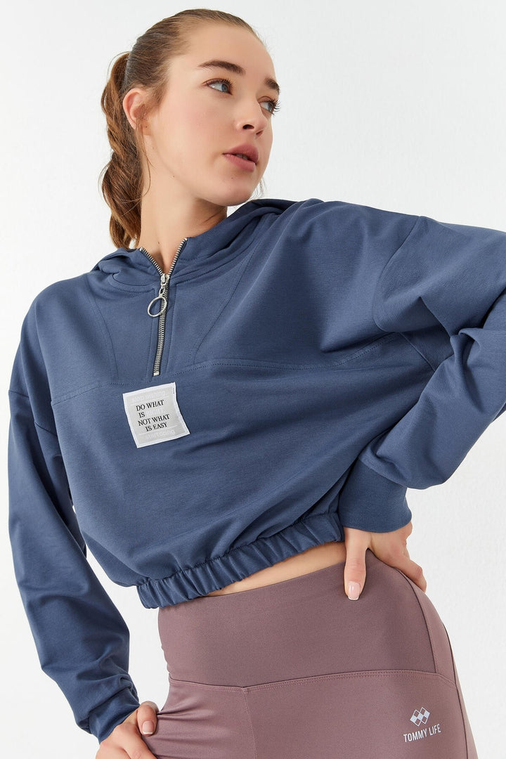 TMY Petrol Blue Ruched Hooded Half Zip Comfort Fit Women's Crop Top Sweatshirt - 97155 - Woodbury