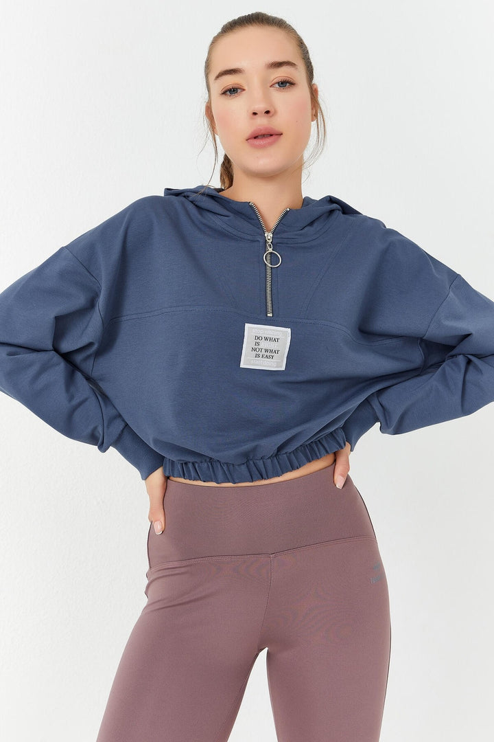 TMY Petrol Blue Ruched Hooded Half Zip Comfort Fit Women's Crop Top Sweatshirt - 97155 - Woodbury