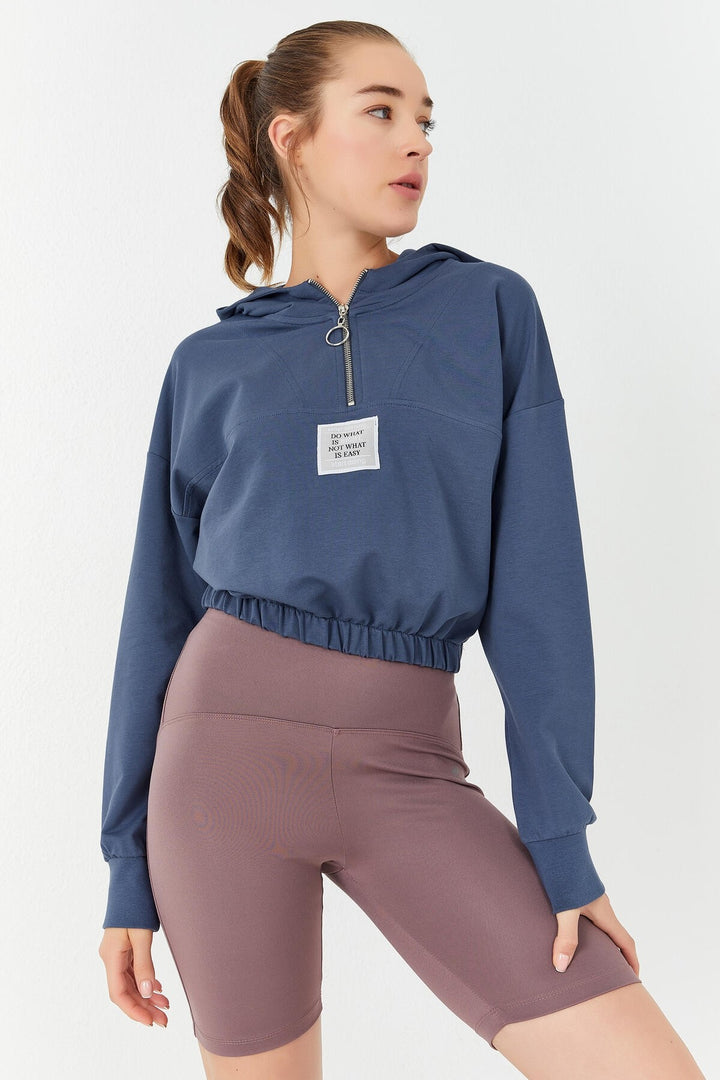 TMY Petrol Blue Ruched Hooded Half Zip Comfort Fit Women's Crop Top Sweatshirt - 97155 - Woodbury