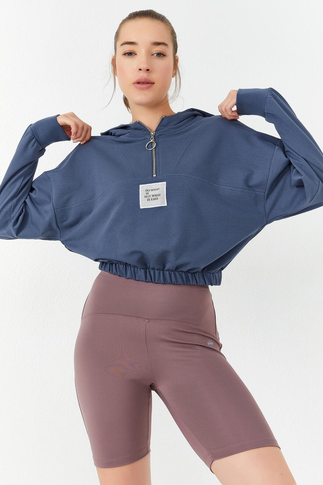 TMY Petrol Blue Ruched Hooded Half Zip Comfort Fit Women's Crop Top Sweatshirt - 97155 - Woodbury