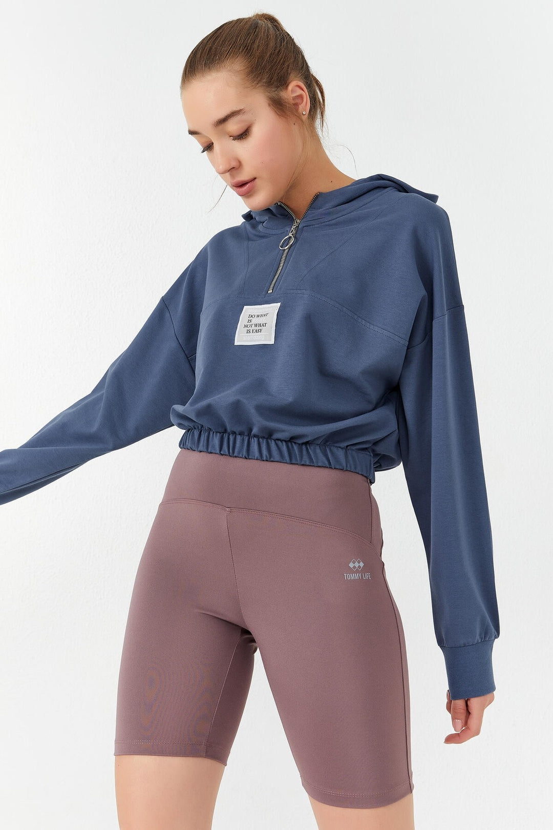 TMY Petrol Blue Ruched Hooded Half Zip Comfort Fit Women's Crop Top Sweatshirt - 97155 - Woodbury
