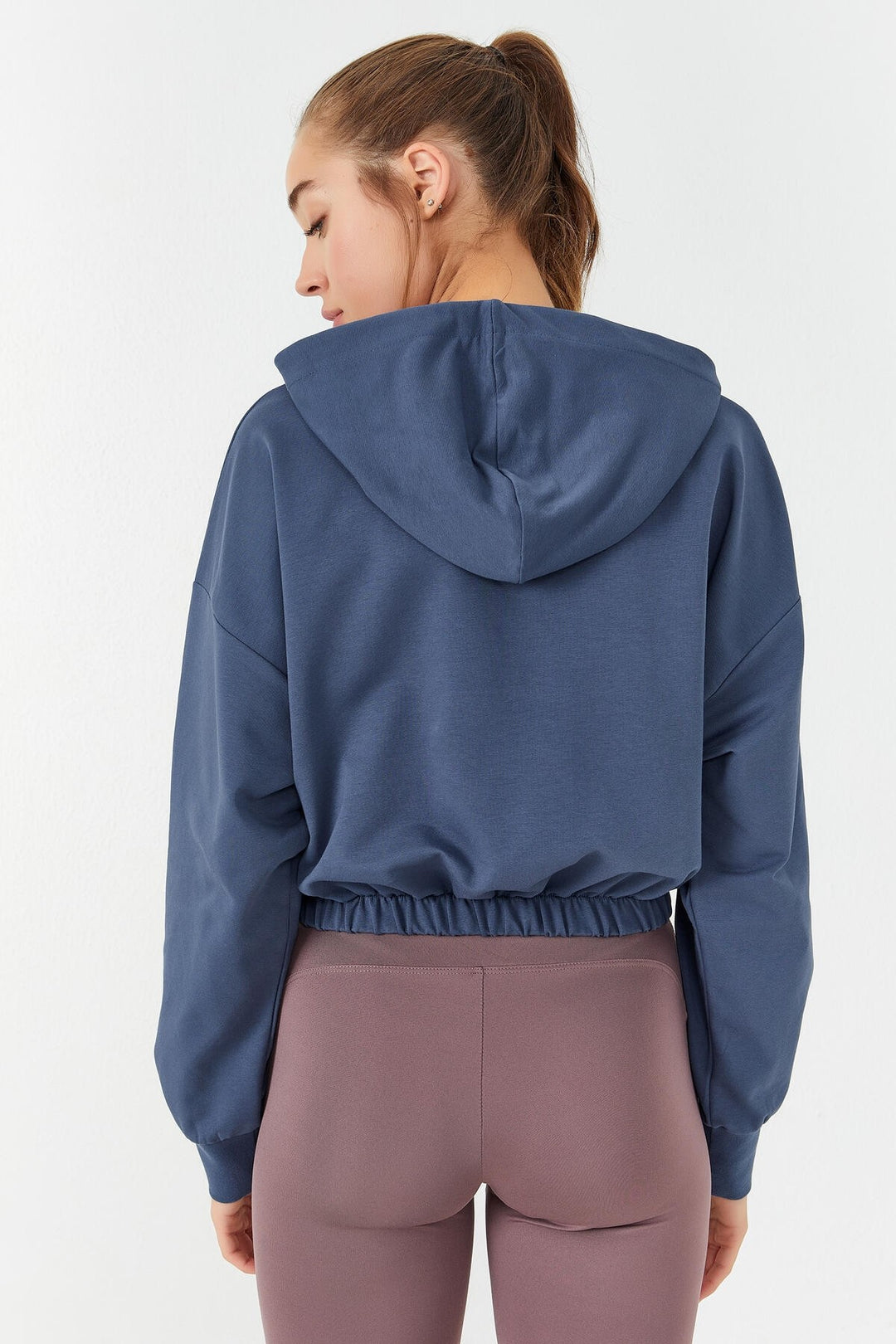 TMY Petrol Blue Ruched Hooded Half Zip Comfort Fit Women's Crop Top Sweatshirt - 97155 - Woodbury