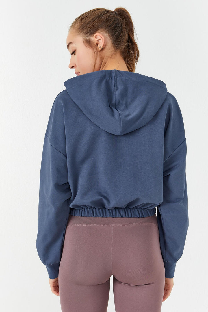 TMY Petrol Blue Ruched Hooded Half Zip Comfort Fit Women's Crop Top Sweatshirt - 97155 - Woodbury