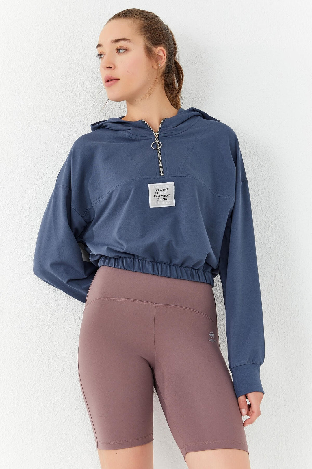 TMY Petrol Blue Ruched Hooded Half Zip Comfort Fit Women's Crop Top Sweatshirt - 97155 - Woodbury