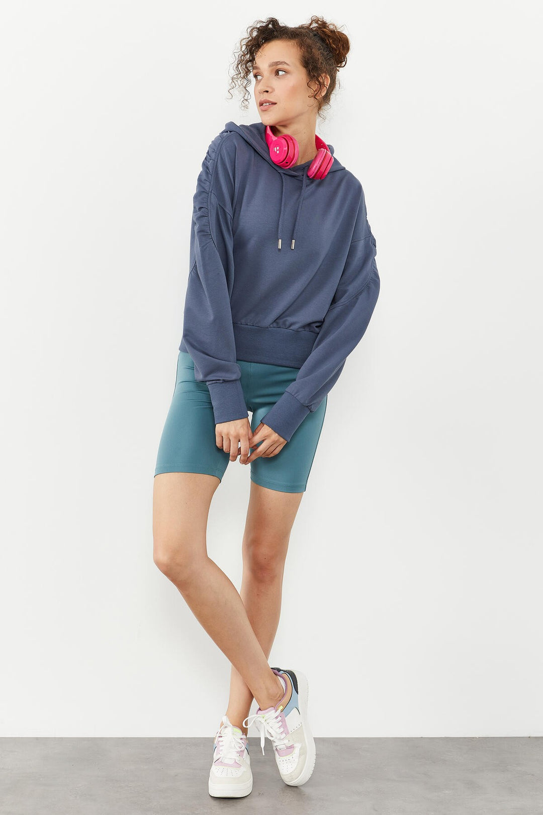 TMY Petrol Shoulder Ruffle Detailed Balloon Sleeve Comfortable Fit Women's Sweatshirt - 97166 - Coon Rapids