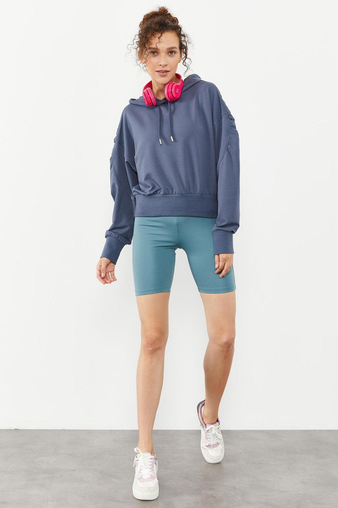 TMY Petrol Shoulder Ruffle Detailed Balloon Sleeve Comfortable Fit Women's Sweatshirt - 97166 - Coon Rapids