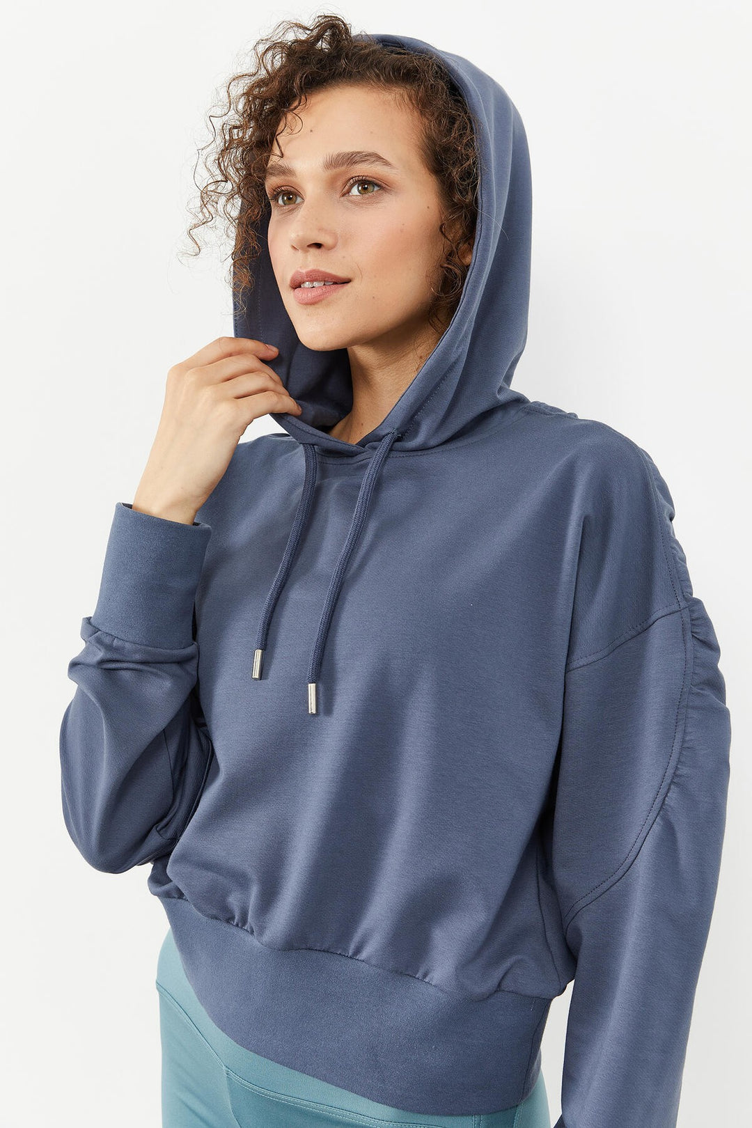 TMY Petrol Shoulder Ruffle Detailed Balloon Sleeve Comfortable Fit Women's Sweatshirt - 97166 - Coon Rapids