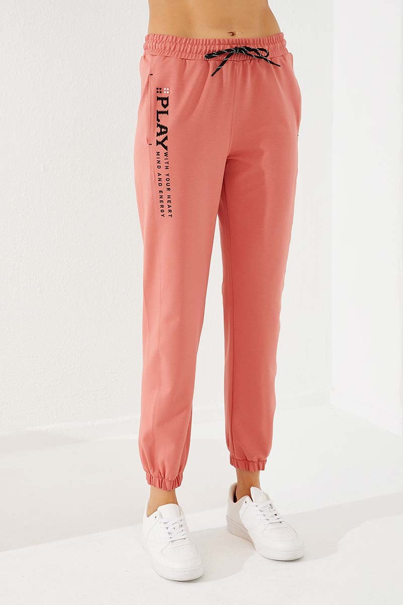 TMY Powder High Waist Embroidered Comfortable Fit Elastic Cuff Women's Sweatpants - 94573 - Mouscron