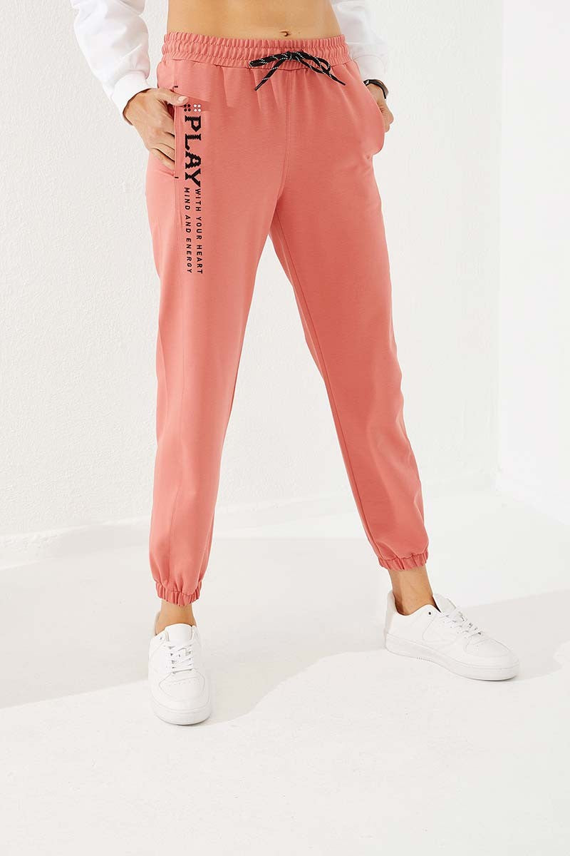 TMY Powder High Waist Embroidered Comfortable Fit Elastic Cuff Women's Sweatpants - 94573 - Mouscron