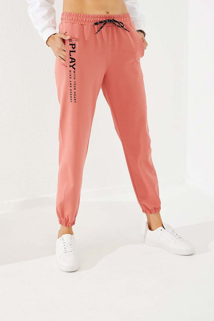 TMY Powder High Waist Embroidered Comfortable Fit Elastic Cuff Women's Sweatpants - 94573 - Mouscron