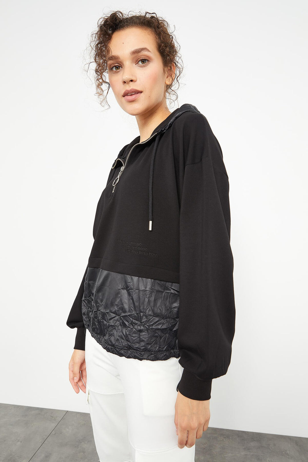 TMY Black Balloon Sleeve Parachute Fabric Detailed Women's Oversize Sweatshirt - 97167 - Eau Claire
