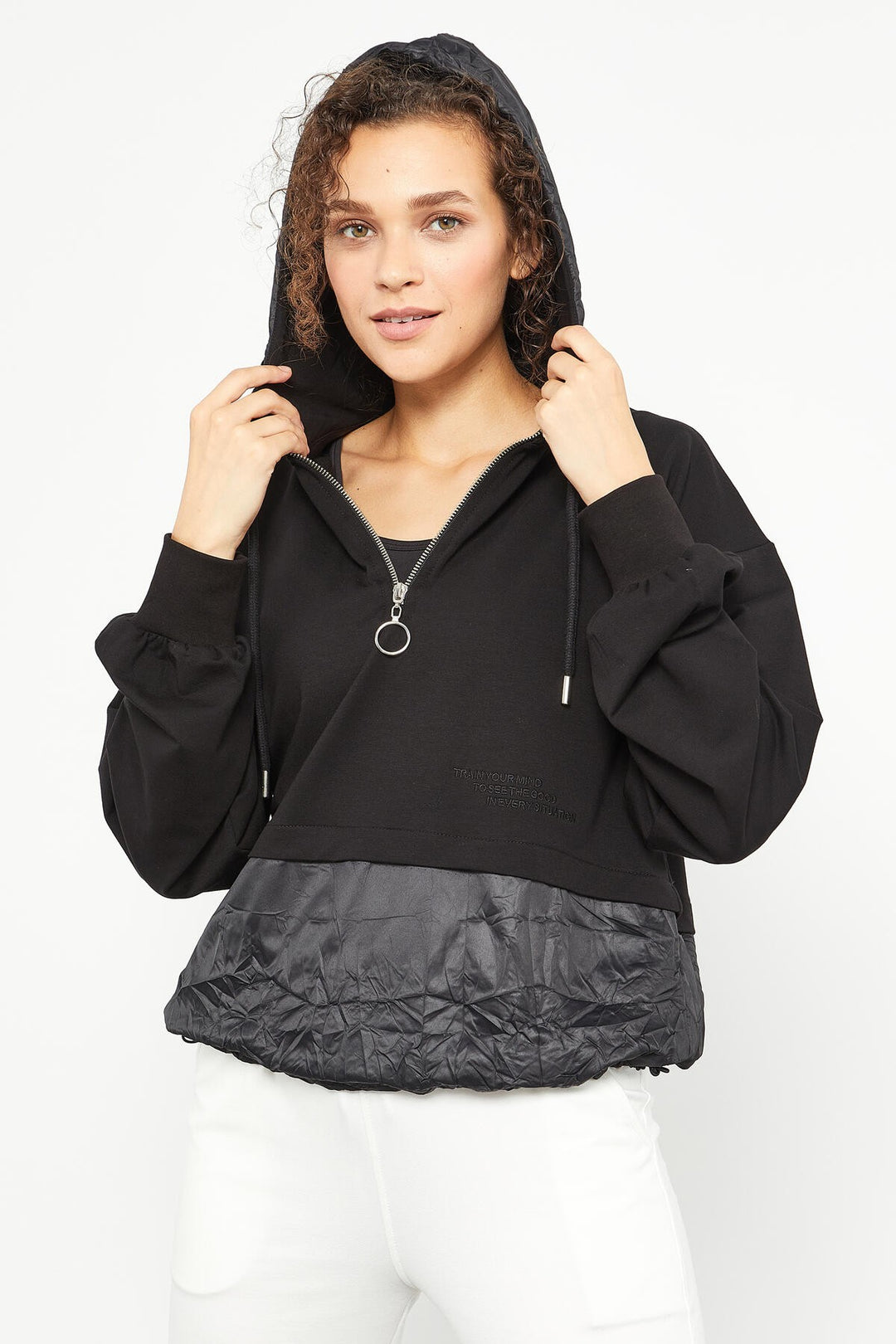 TMY Black Balloon Sleeve Parachute Fabric Detailed Women's Oversize Sweatshirt - 97167 - Eau Claire