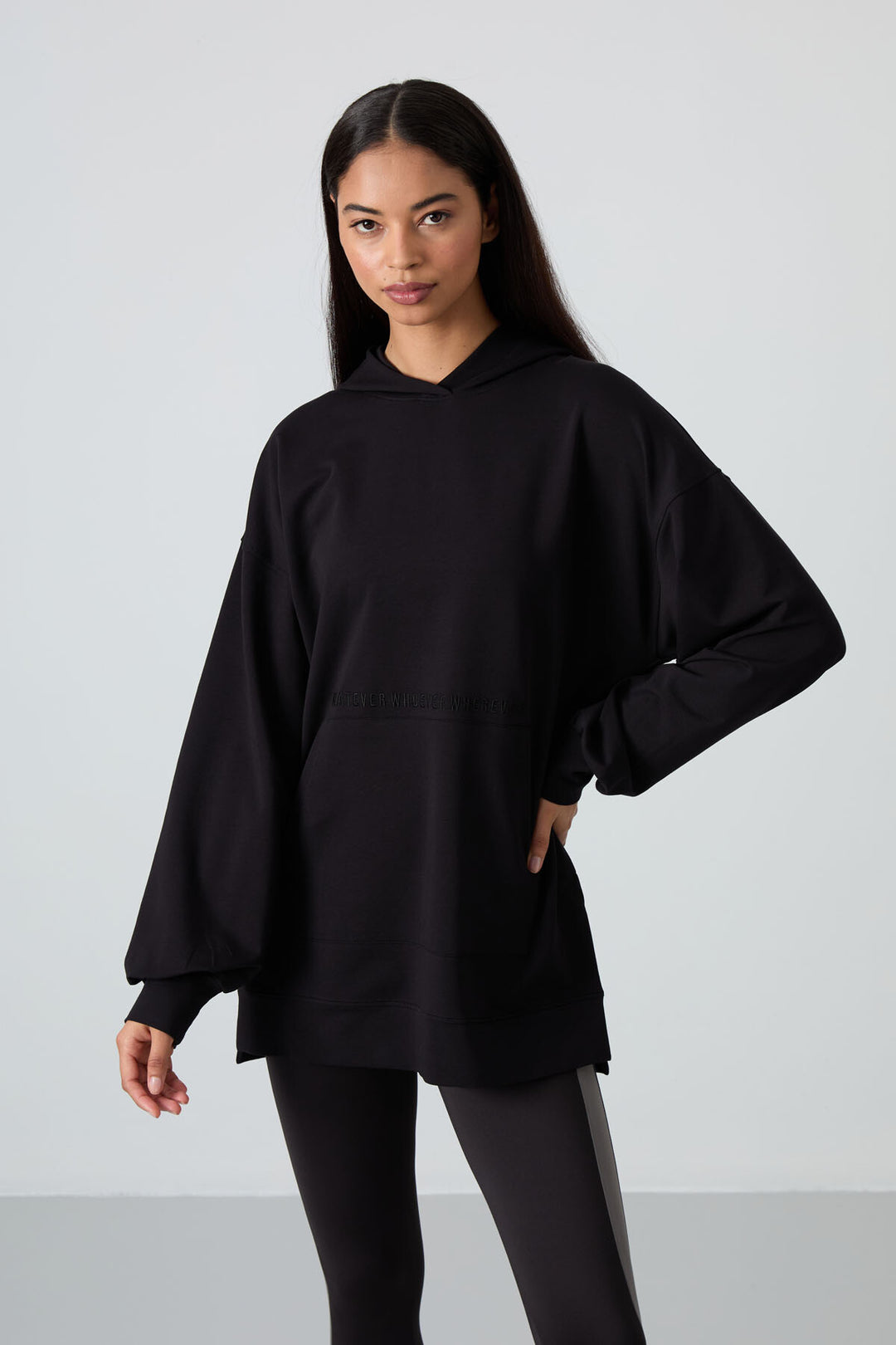 TMY Black Balloon Sleeve Embroidered Women's Oversized Tunic Sweatshirt - 97163 - Aurora