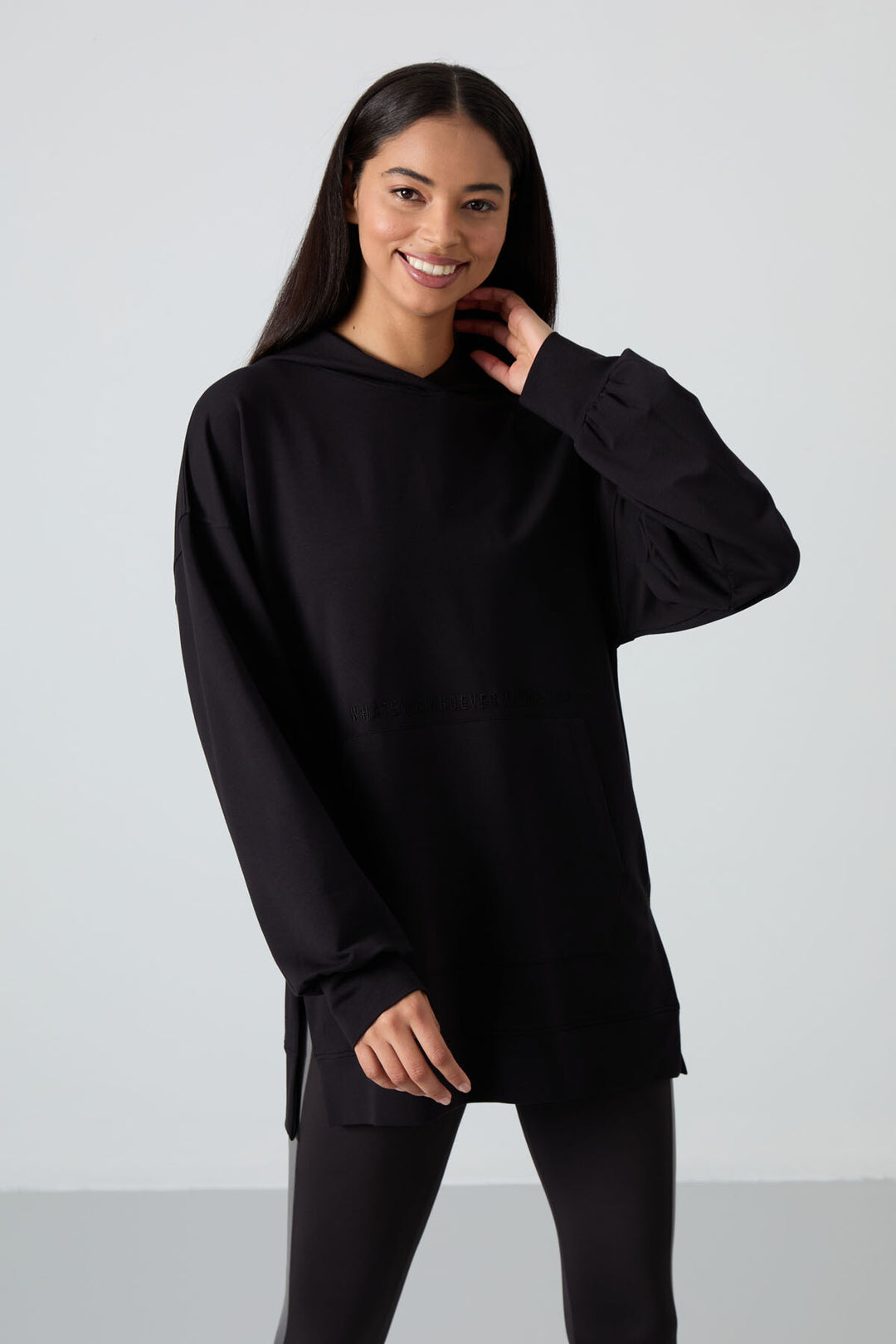 TMY Black Balloon Sleeve Embroidered Women's Oversized Tunic Sweatshirt - 97163 - Aurora