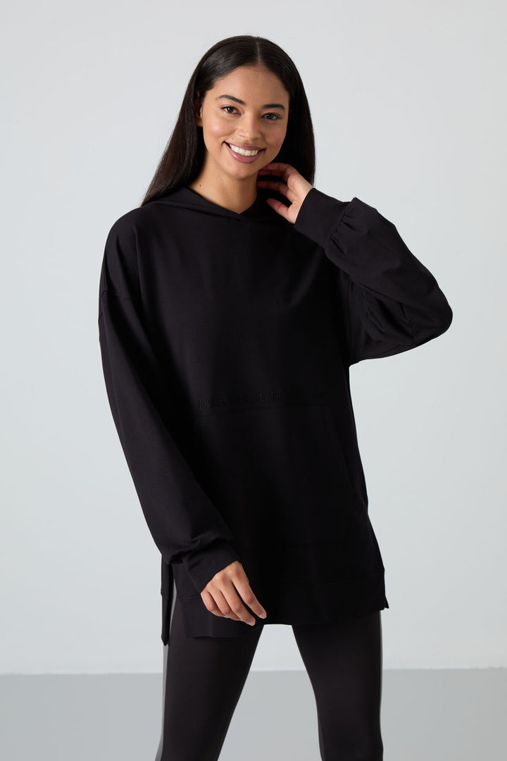 TMY Black Balloon Sleeve Embroidered Women's Oversized Tunic Sweatshirt - 97163 - Aurora