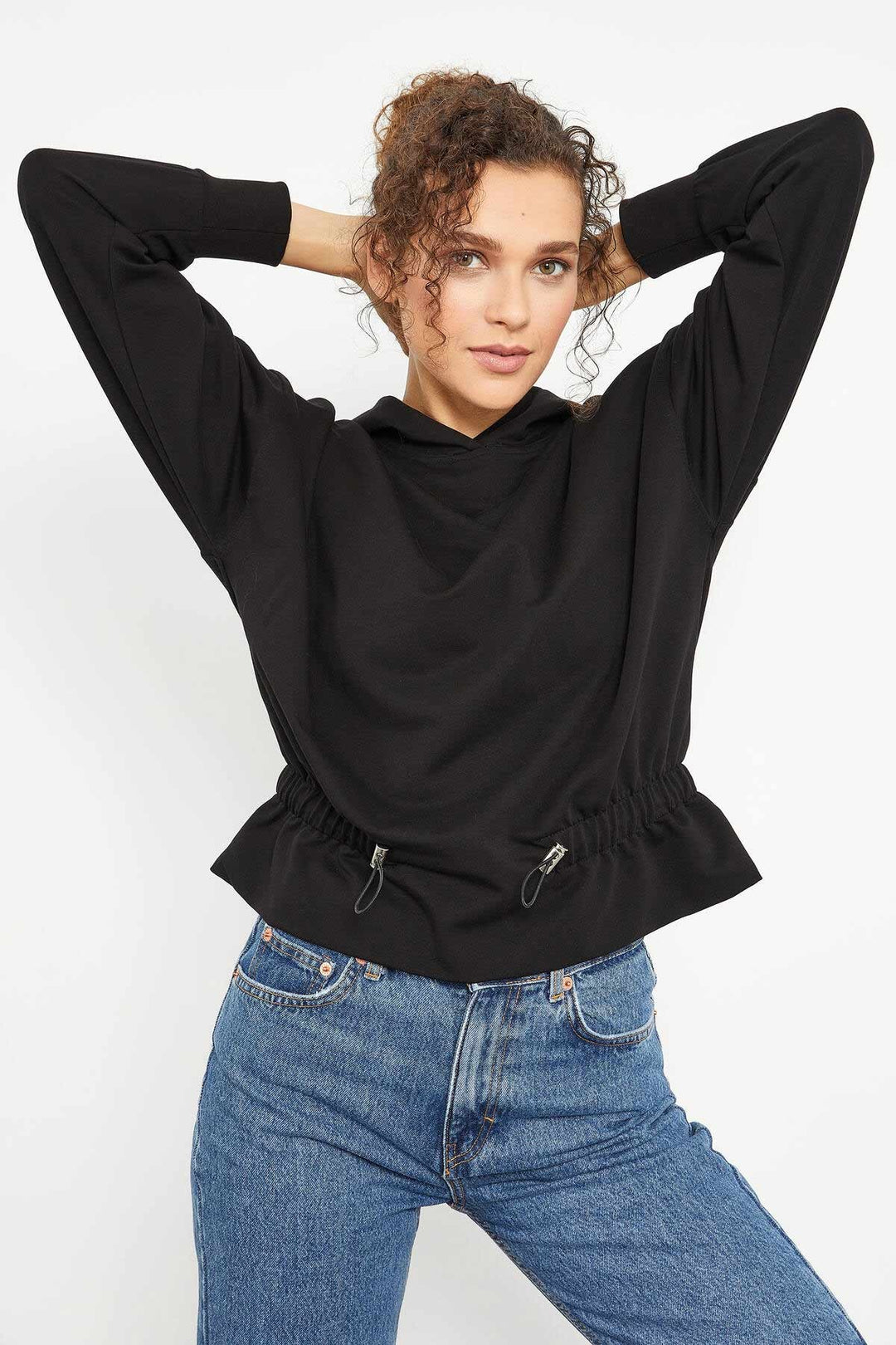 TMY Black Cinched Waist Hooded Women's Oversized Sweatshirt - 97159 - Ashton