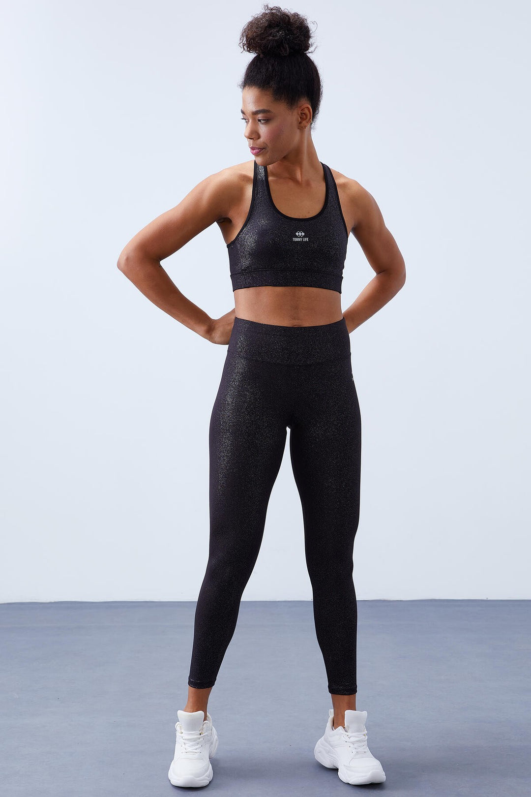 TMY Black-silver - Black High Waist Shaper Cross Back Detail Slim Fit Women's Leggings Set - 95282 - Fulham