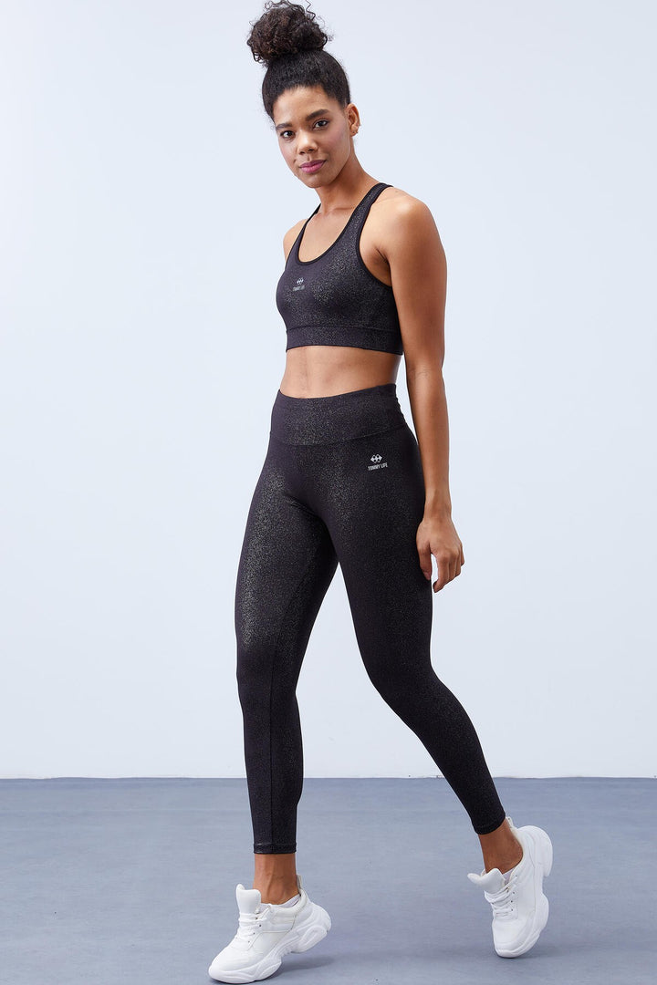 TMY Black-silver - Black High Waist Shaper Cross Back Detail Slim Fit Women's Leggings Set - 95282 - Fulham