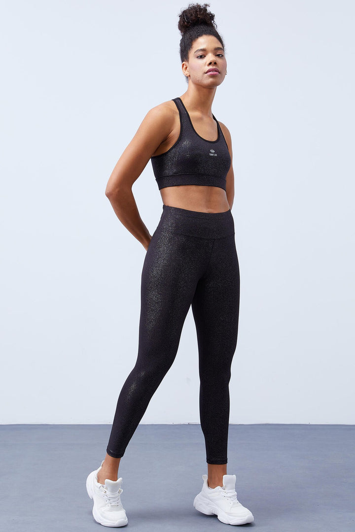 TMY Black-silver - Black High Waist Shaper Cross Back Detail Slim Fit Women's Leggings Set - 95282 - Fulham