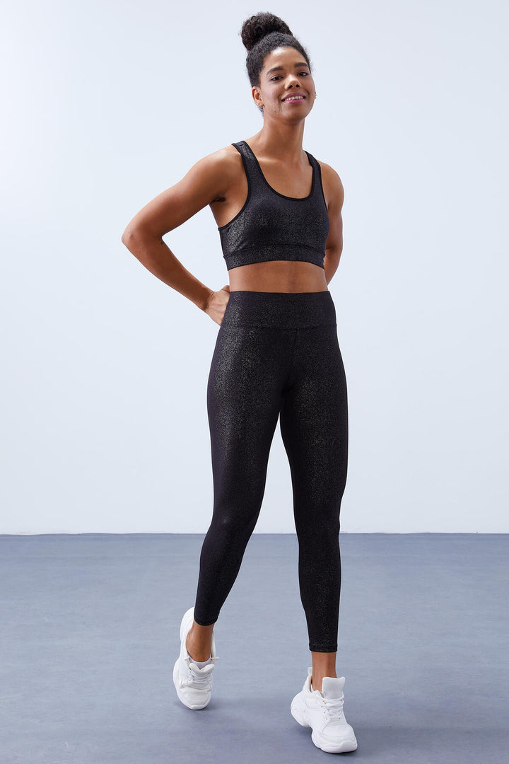 TMY Black-silver - Black High Waisted Shaping Back Detailed Slim Fit Bustier Women's Leggings Set - 95281 - Suffolk