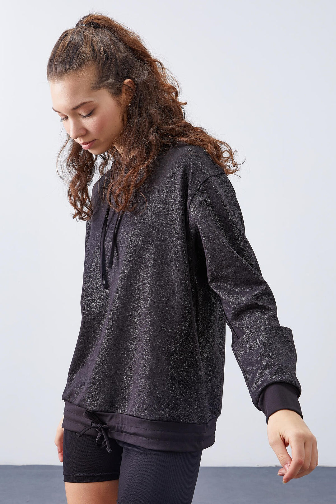 TMY Black Silver Leaf Sequined Ruched Detail Comfortable Fit Hooded Women's Sweatshirt - 97124 - Grevenbroich