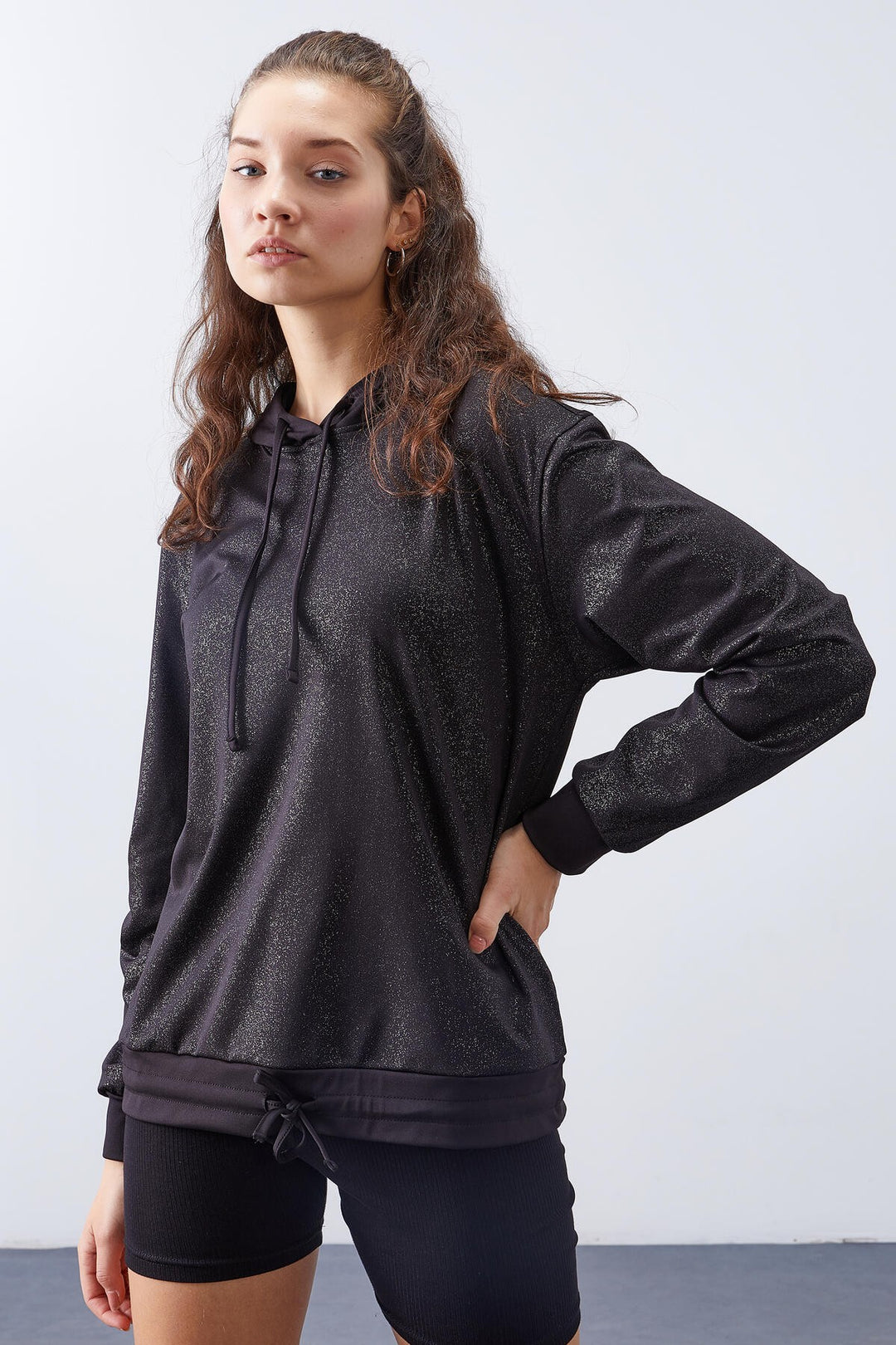 TMY Black Silver Leaf Sequined Ruched Detail Comfortable Fit Hooded Women's Sweatshirt - 97124 - Grevenbroich