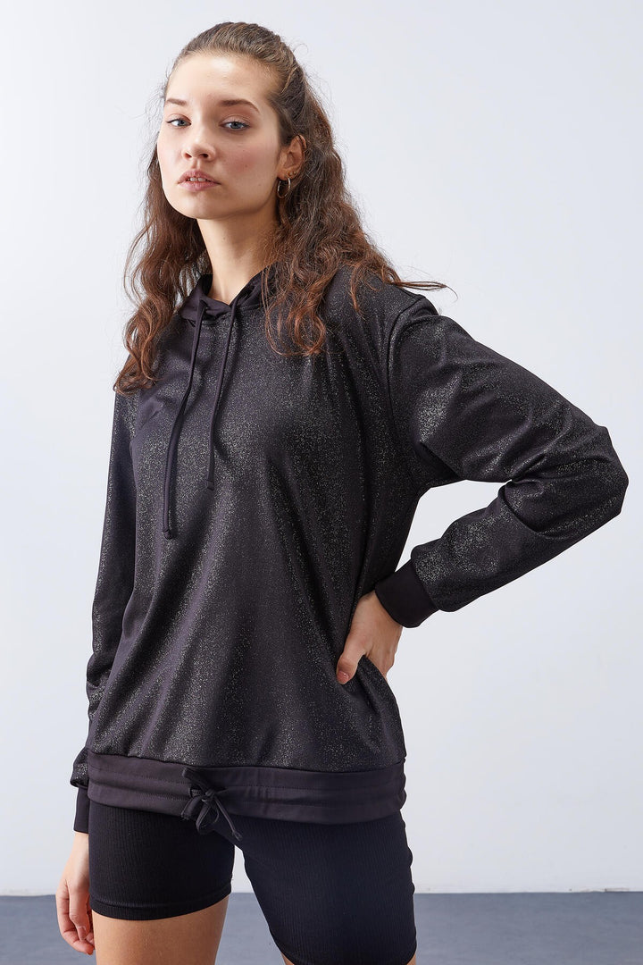 TMY Black Silver Leaf Sequined Ruched Detail Comfortable Fit Hooded Women's Sweatshirt - 97124 - Grevenbroich