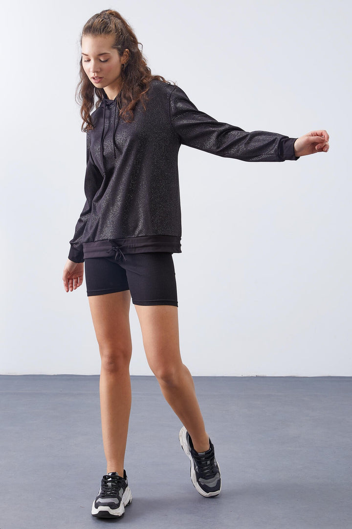 TMY Black Silver Leaf Sequined Ruched Detail Comfortable Fit Hooded Women's Sweatshirt - 97124 - Grevenbroich
