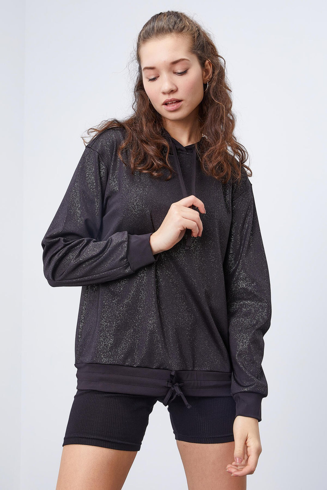 TMY Black Silver Leaf Sequined Ruched Detail Comfortable Fit Hooded Women's Sweatshirt - 97124 - Grevenbroich