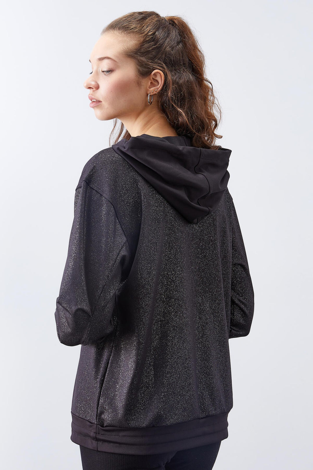 TMY Black Silver Leaf Sequined Ruched Detail Comfortable Fit Hooded Women's Sweatshirt - 97124 - Grevenbroich