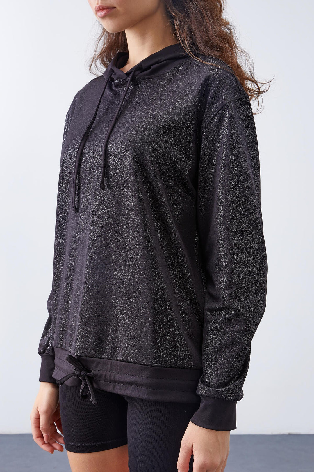 TMY Black Silver Leaf Sequined Ruched Detail Comfortable Fit Hooded Women's Sweatshirt - 97124 - Grevenbroich