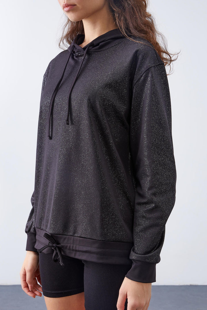 TMY Black Silver Leaf Sequined Ruched Detail Comfortable Fit Hooded Women's Sweatshirt - 97124 - Grevenbroich