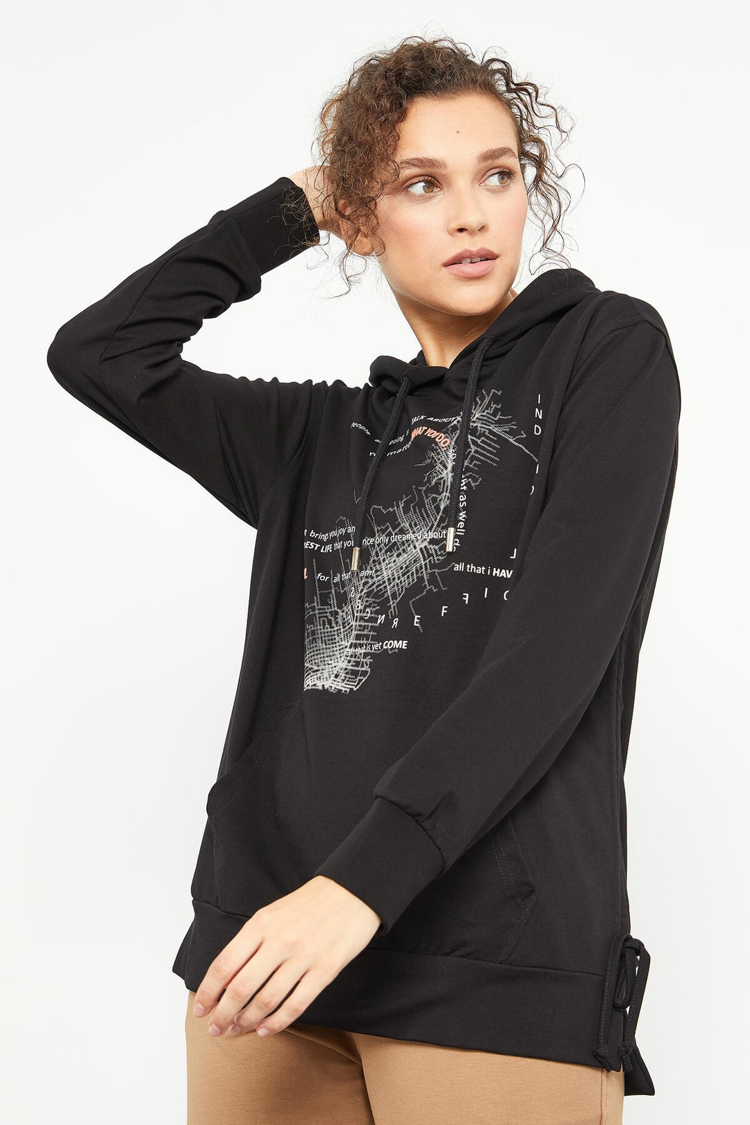 TMY Black Mixed Print Side Ruched Women's Oversized Sweatshirt - 97170 - Streatham