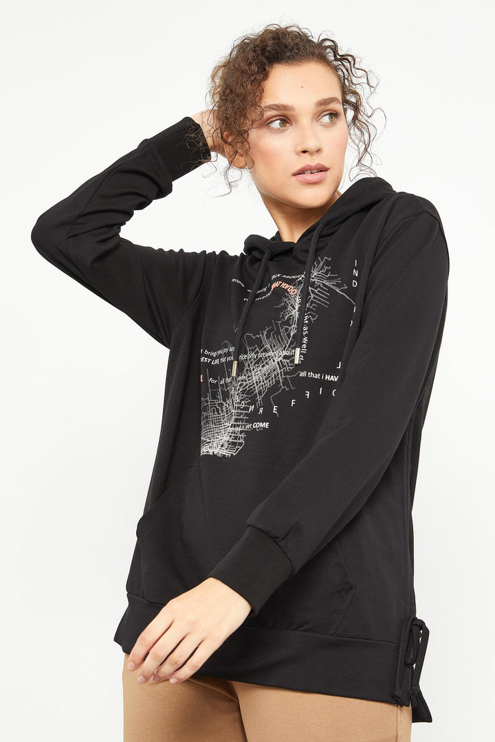 TMY Black Mixed Print Side Ruched Women's Oversized Sweatshirt - 97170 - Streatham