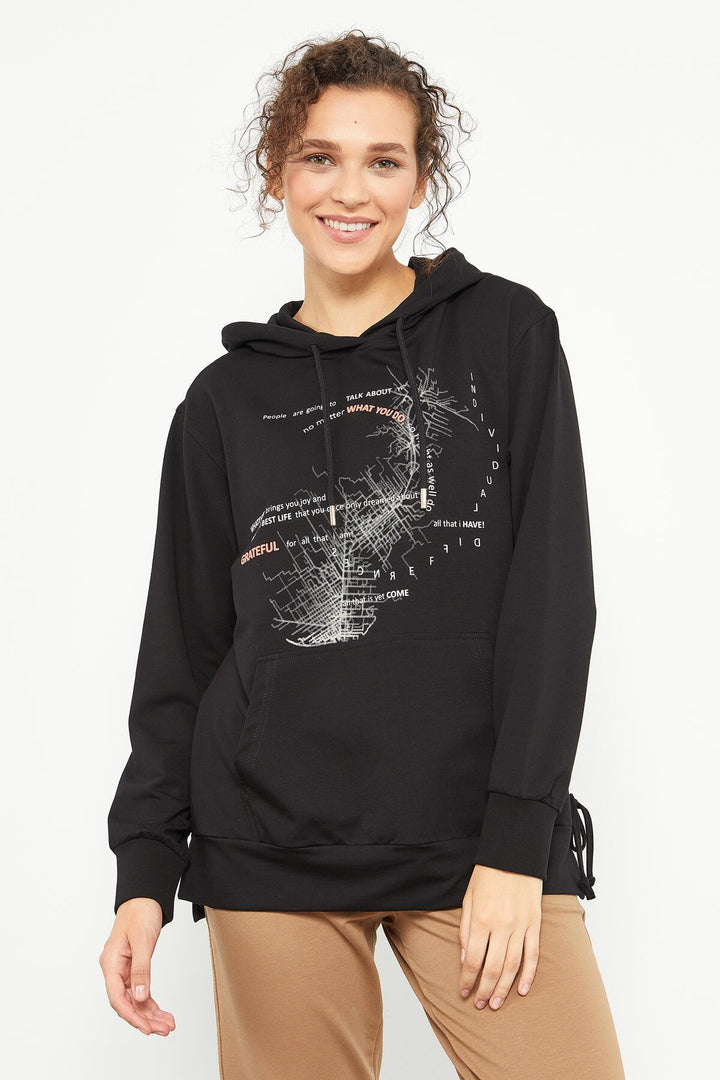 TMY Black Mixed Print Side Ruched Women's Oversized Sweatshirt - 97170 - Streatham