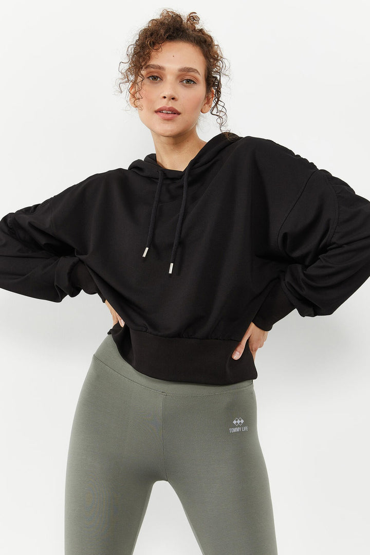 TMY Black Shoulder Ruched Detail Balloon Sleeve Comfortable Fit Women's Sweatshirt - 97166 - York